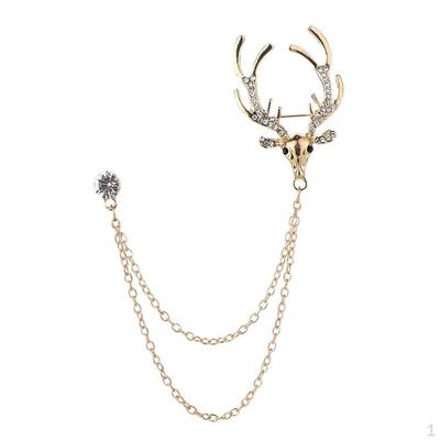 Deer Head Elk Double Chain Tassel Brooch Pin Stud Lapel Shirt