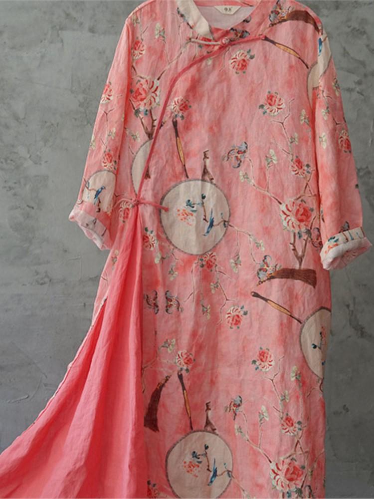 Johnature Women Retro Fashion Print Stand Plate Buckle Cheongsam Dresses Summer Cotton Linen Three Quarter Sleeve Dress