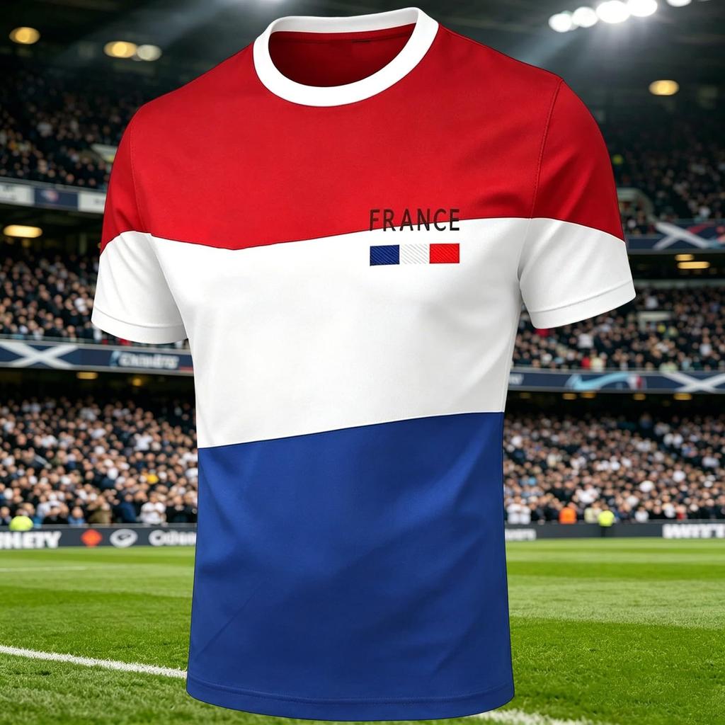 Men Crew Neck Short Sleeve Pullover T Shirt with Football Print Casual Fit Top for Sports and Fans France Theme