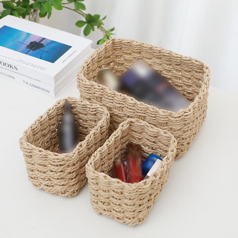 3Pcs Handmade Straw Woven Soft Round Paper Rope Storage Basket for Organizing Decorative Storage Bins Office Storage Box 2025