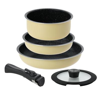 [Online Exclusive] Pearl Metal 5-Piece Frying Pan and Pot Set - IH Compatible, Marble Coating, Detachable Handle, Metal Spatula Safe, Oven Cookable -