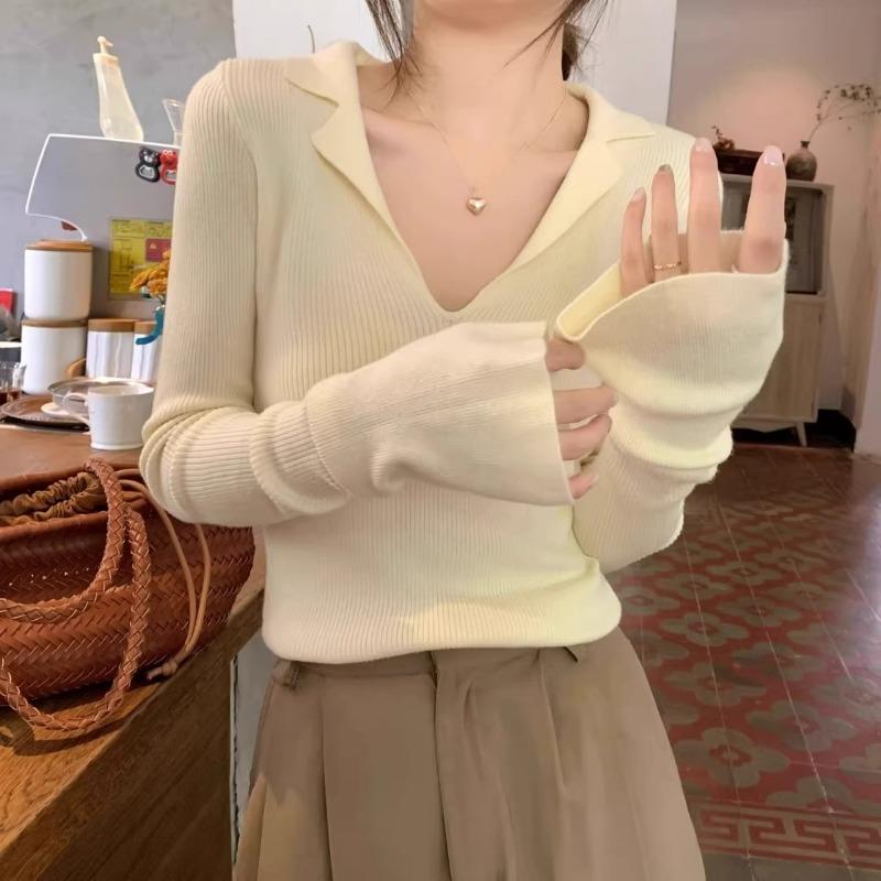 

Французский свитер-поло с лацканами для женщин на осень и зиму, высококлассный и шикарный V-образный вырез, открывающий ключицы, с длинными рукавами, для ношения под верхнюю одежду One Size