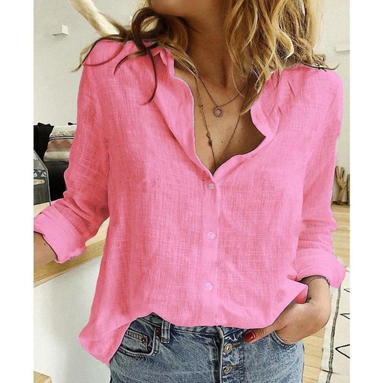 Lapel Neck Top Casual Blouse Fashion Women Large Size Spring Autumn Cardigan Solid Pattern Cotton Linen Shirt