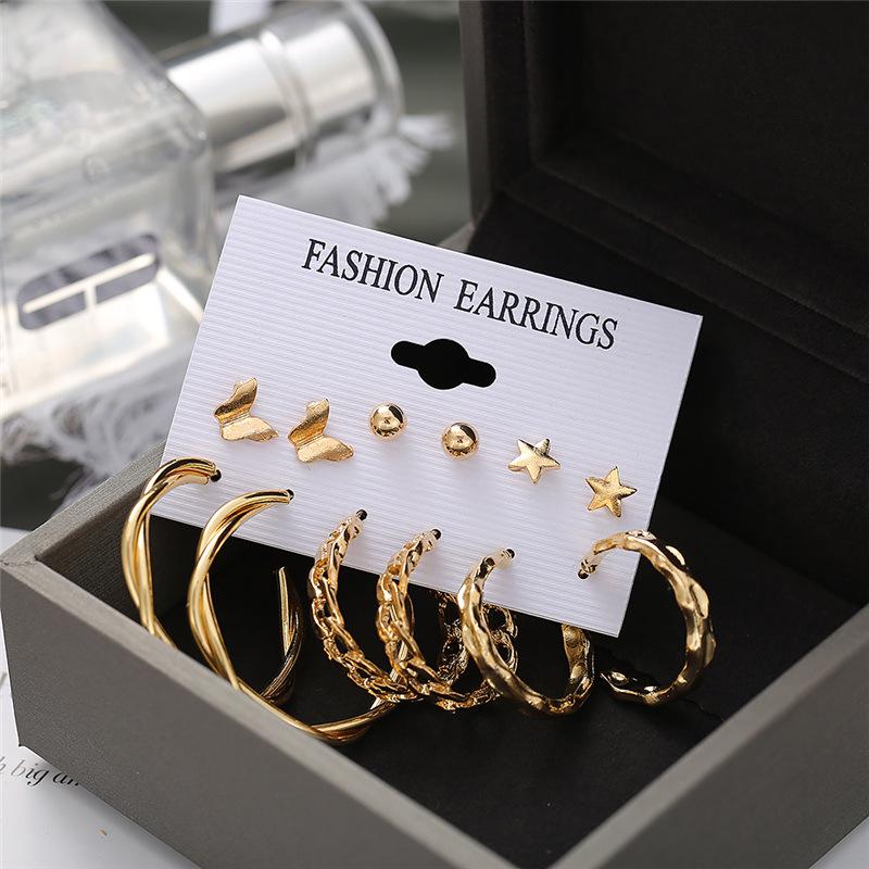 Retro Gold French Geometric Pearl Stud Earrings - 6 Piece Set
