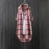Women's Cotton Linen Plaid Long Shirt - Sun Protection, Loose Fit Outerwear, Lazy Style