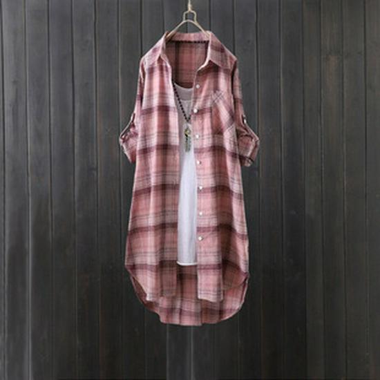 Women's Cotton Linen Plaid Long Shirt - Sun Protection, Loose Fit Outerwear, Lazy Style