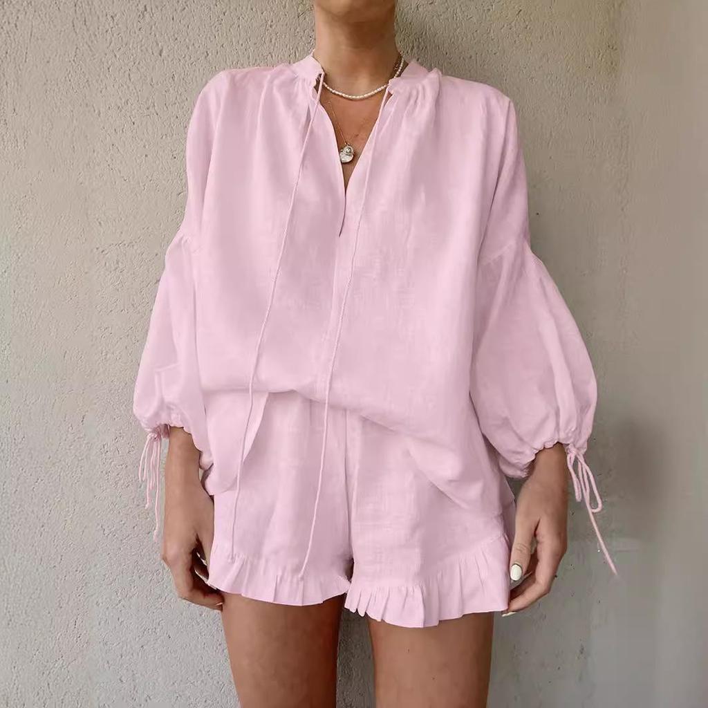 Stylish Cotton Linen V-Neck Lantern Sleeve Shorts Two-Piece Set