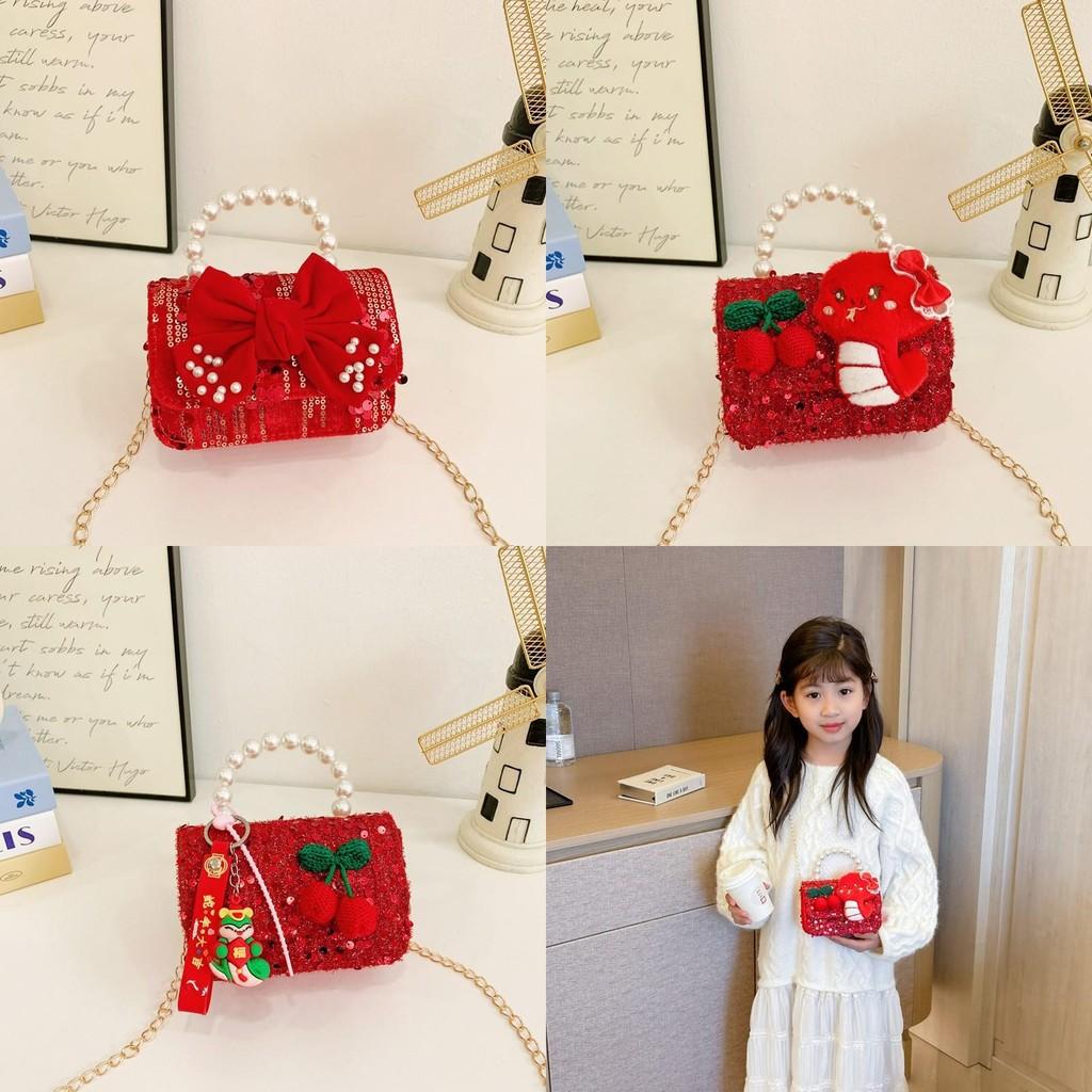 Stylish Red Pearl Children's Handbag With Bow Design Perfect For Daily Use