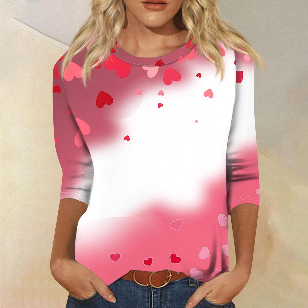 Women's Fashion Casual Round Neck 3/4 Sleeve Loose  Printed T-Shirt Ladies Top