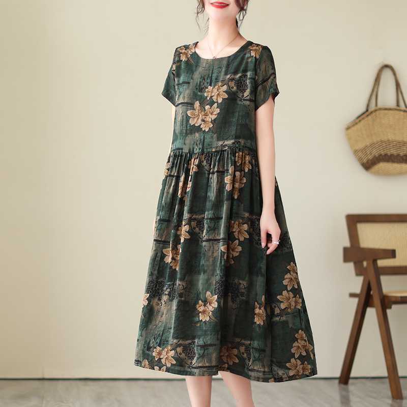 

Летние новые ретро литературные свободные платья с круглым вырезом и короткими рукавами средней длины 2XL зелёный