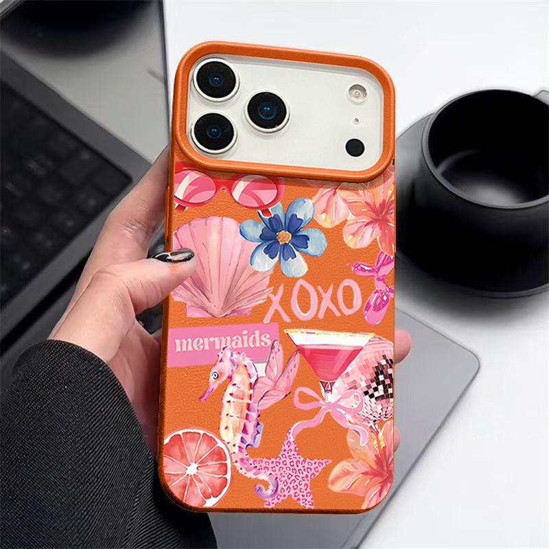 For iPhone 17 Pro Max Case Luxury Pink Cartoon Floral Pattern Leather Texture Silicone Cover For iPhone 16 Pro Max 15 14 13 12 11 16E Air