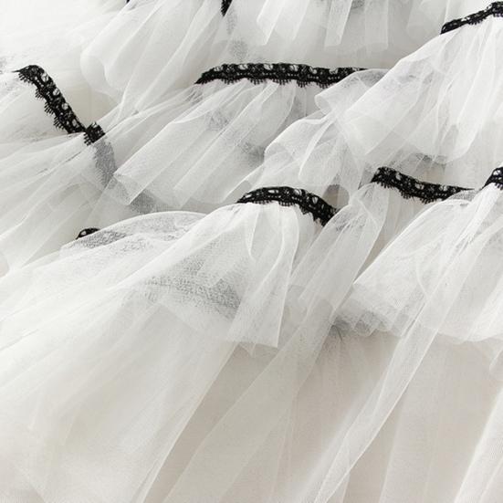 Women Skirt High Waist A-line Big Swing Ruffle Contrast Color Scattered Hem Pleated Patchwork Princess Style Elastic Waist Ankle Length Maxi Skirt