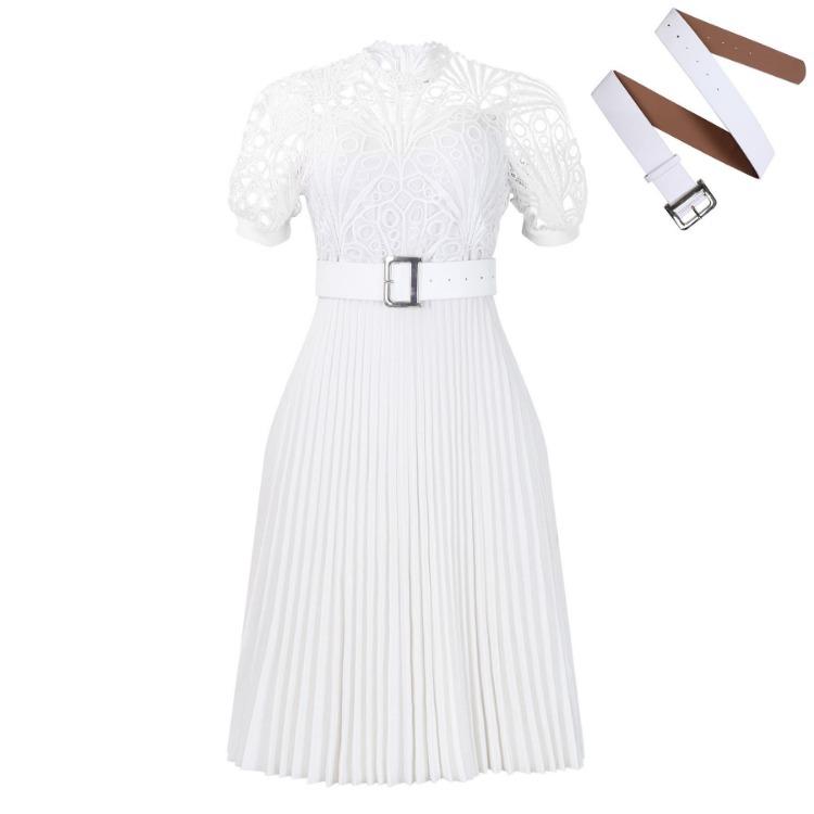 2024 European American Style Women Lace Pleated Short Sleeve Dress