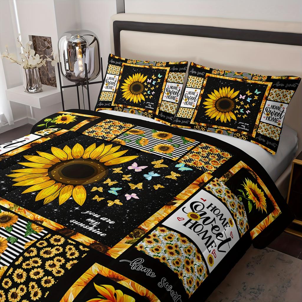 Yellow 3pc Sunflower Bedding Sets Quilt Sunflower Comforter Set Yellow Bedding Sets Western Bed Comforter Set Boho Comforter Set