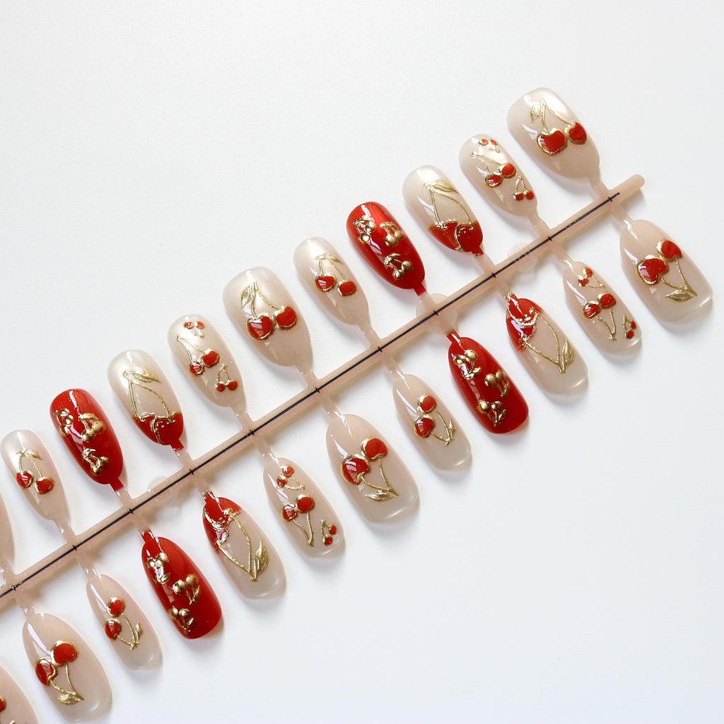 3D Red Cherry Gold-Plated Cat Eye Wearable Nails - Luxurious Skin-Whitening Nail Art Stickers.