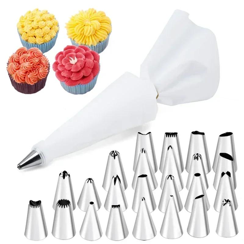 6-24 Pcs Set Pastry Bag and Stainless Steel Cake Nozzle Kitchen Accessories For Decorating Bakery Confectionery Equipment
