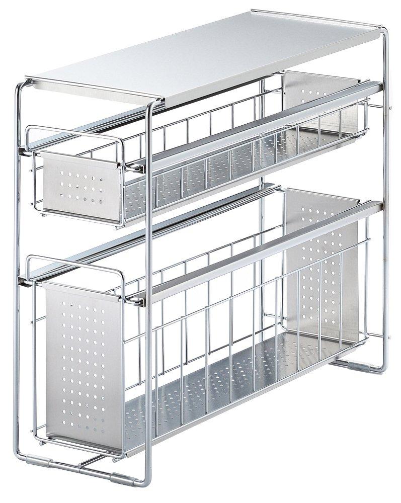 Выдвижная система хранения Yoshikawa под раковину, 2 яруса, ширина 15 см, серебристая, производство Япония, 1305695