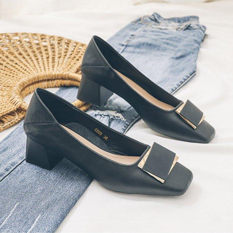 Work Shoes Women's Black 2025 New Soft Leather Thick Heels High Heels Professional Job Interview Not Tired Feet Women's Single Shoes