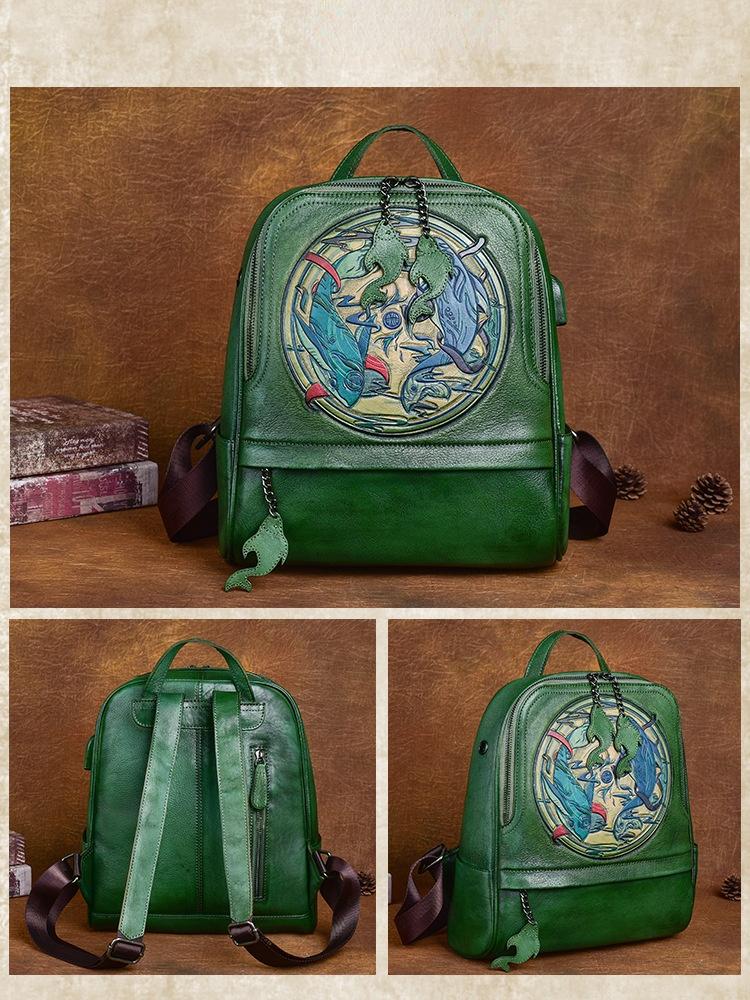 Johnature Rucsac vintage din piele naturală, lucrat manual în relief, pentru femei, pentru petrecerea timpului liber, rucsacuri de călătorie din piele naturală de vacă de mare capacitate