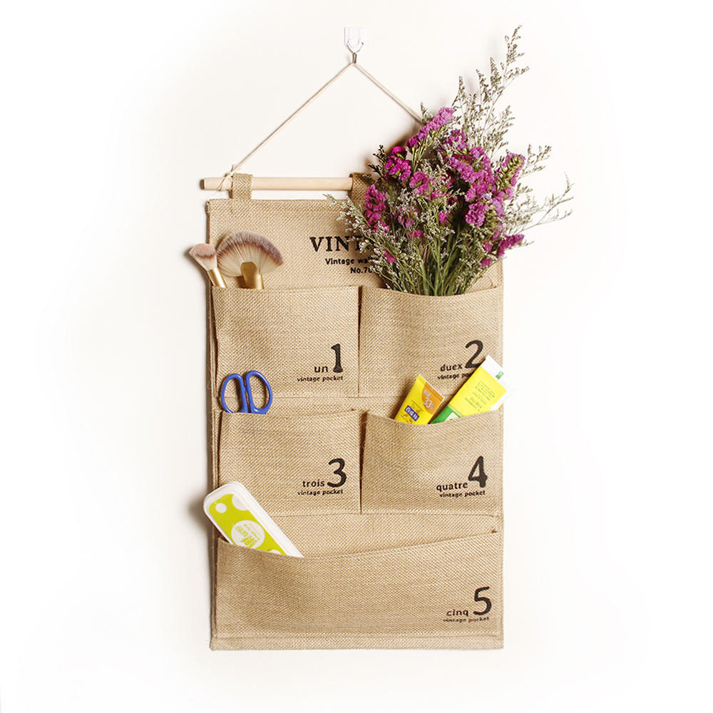 homecube linen cotton fabric wall door cloth hanging storage bolsa case 5 pocket home organizer