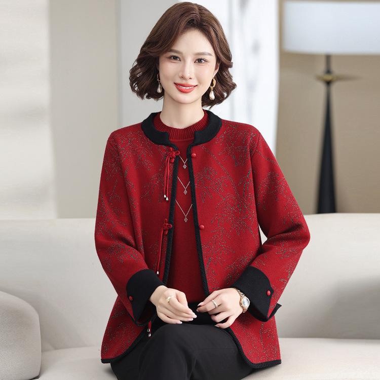 Mom Autumn Sweater Chinese Style Two-piece Set Middle-aged Women's Cardigan Jacket Middle-aged and Elderly Women's Spring and Autumn Sweater Set