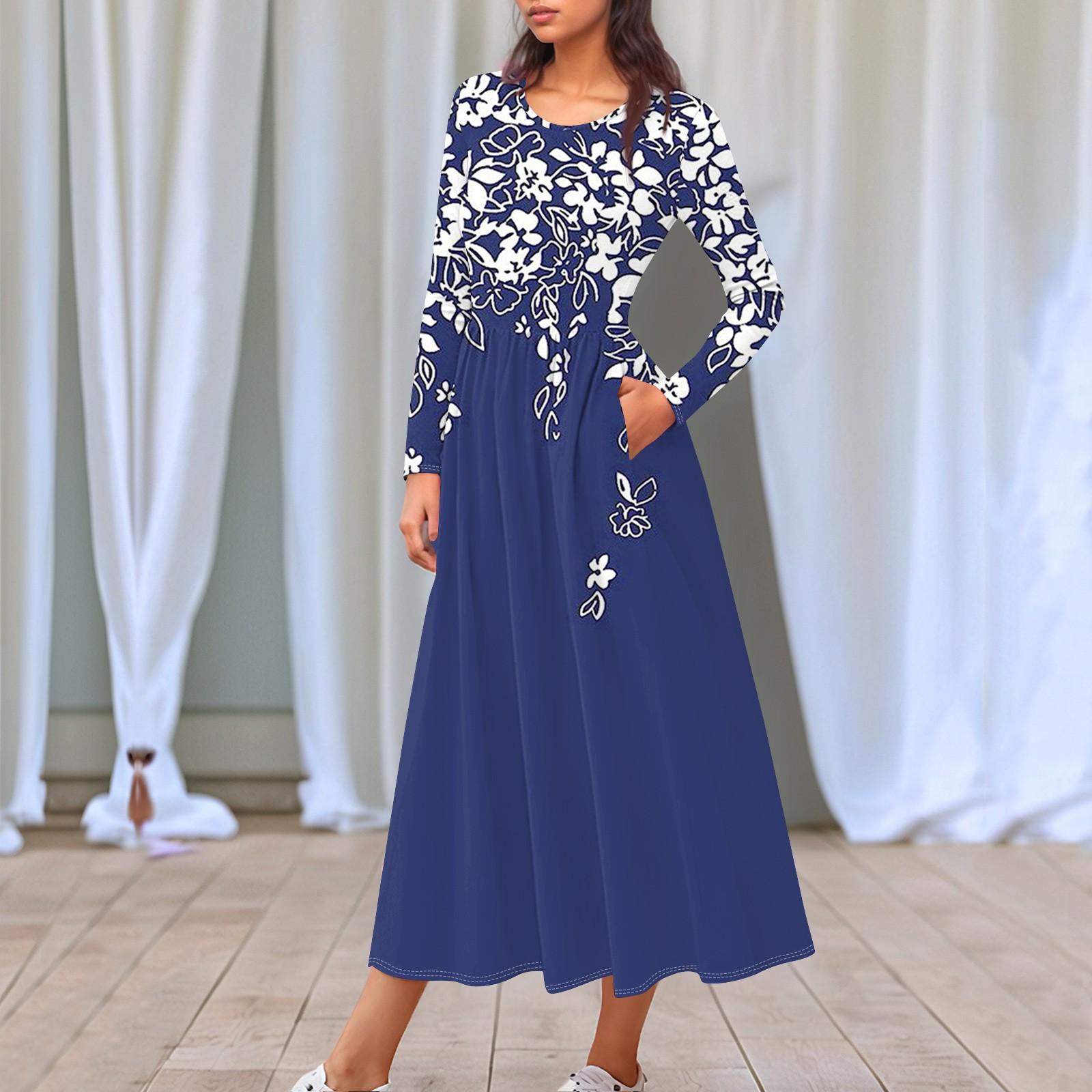 

Жіночі повсякденні модні вінтажні довгі сукні з довгим рукавом і принтом XL синій