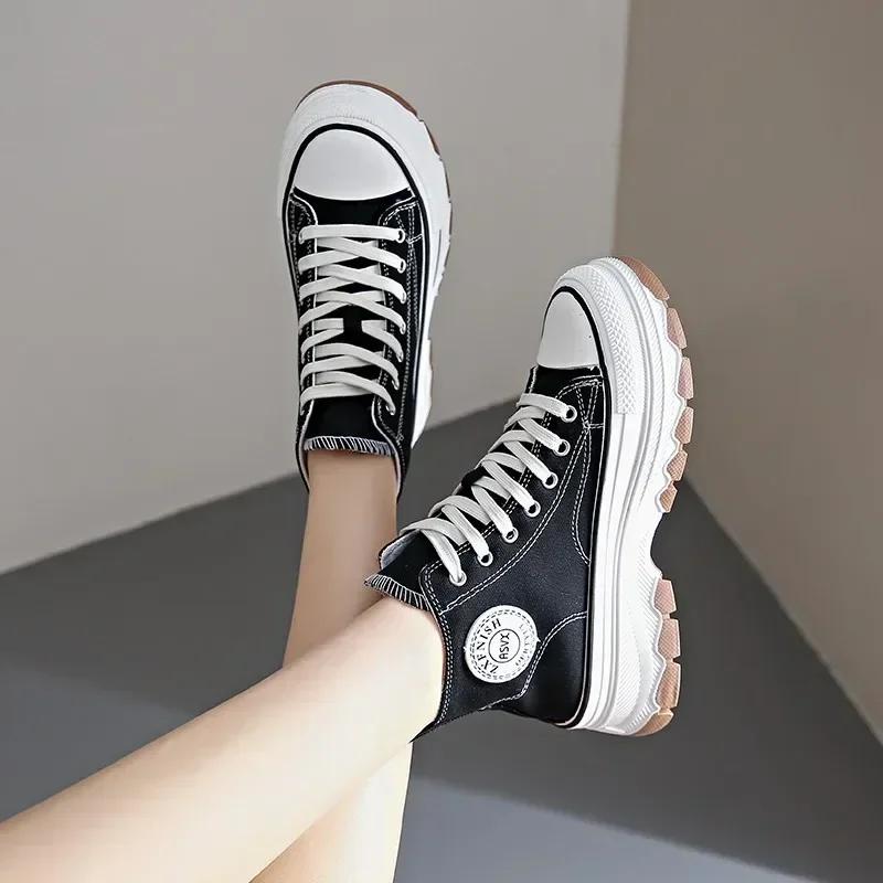 Lace-up Mixed Colors Fashionable Canvas Shoes Sewing Mid Heel Women's Shoes On Sale 2024 New Autumn Women's Vulcanize Shoes