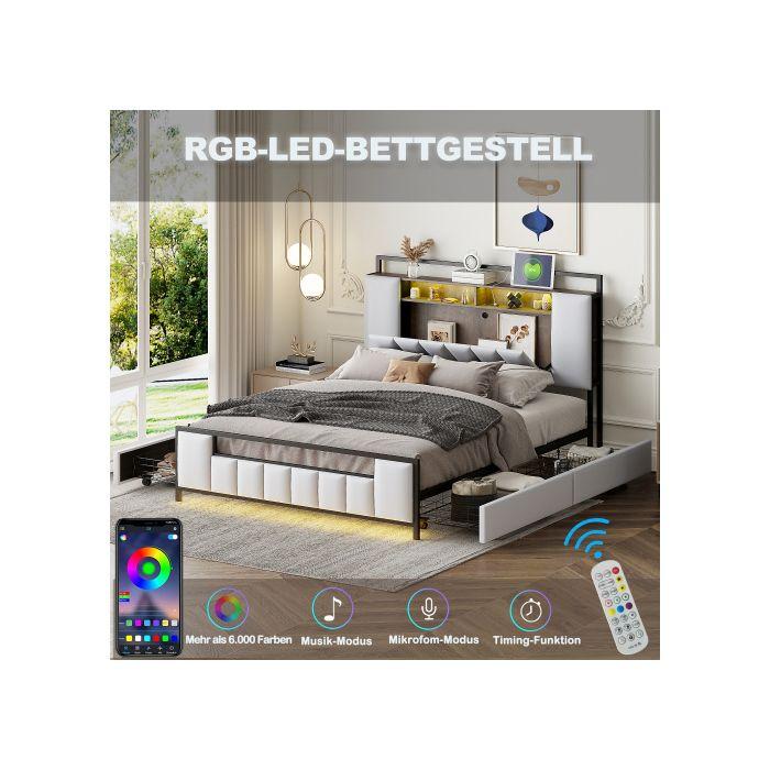 Lit Rembourré - MUVOE - 160x200 Cm - Éclairage LED - Prise USB - 4 Tiroirs Blancs