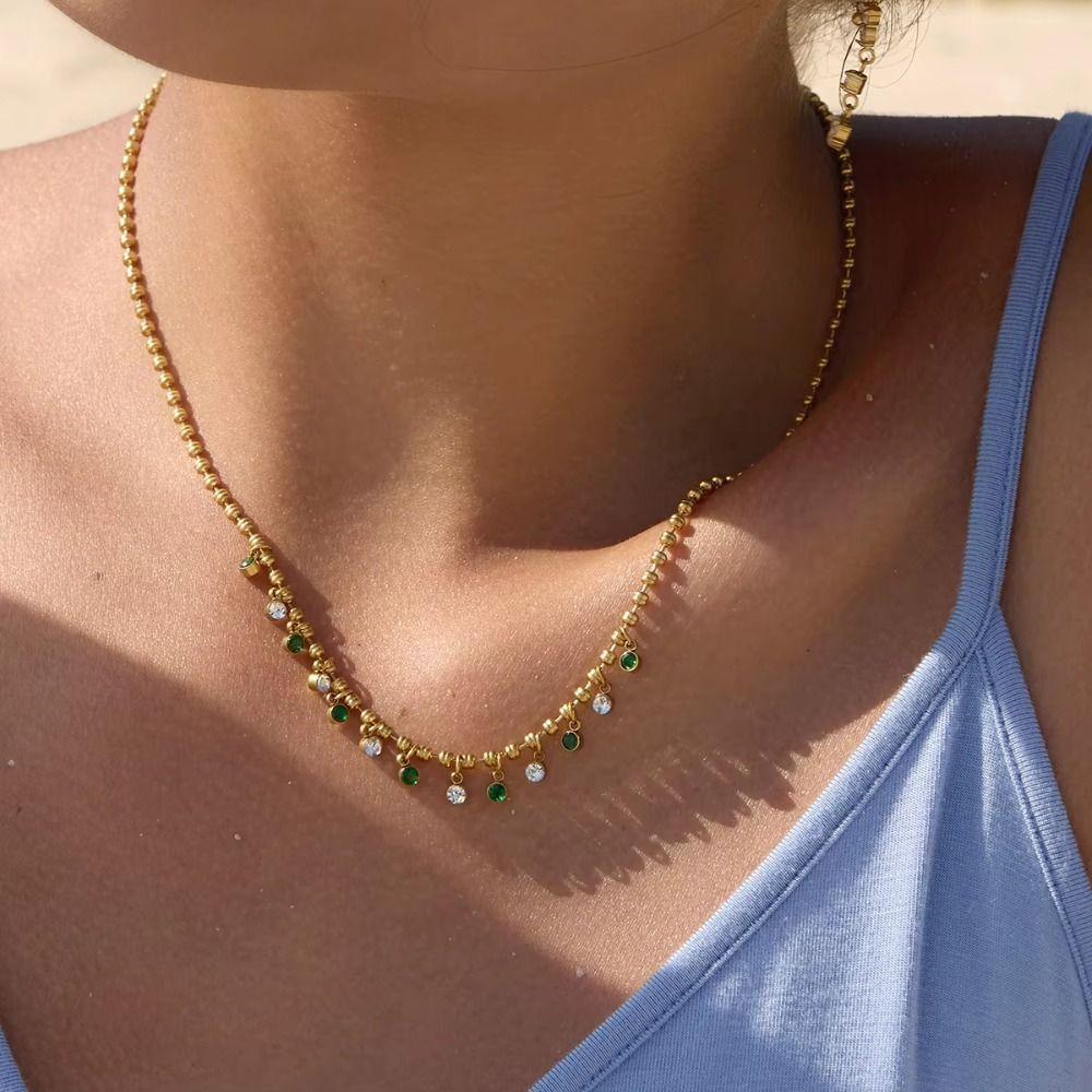 Colored Zircon Zircon Pendant Necklace Multilayer Stainless Steel Necklace  For Women