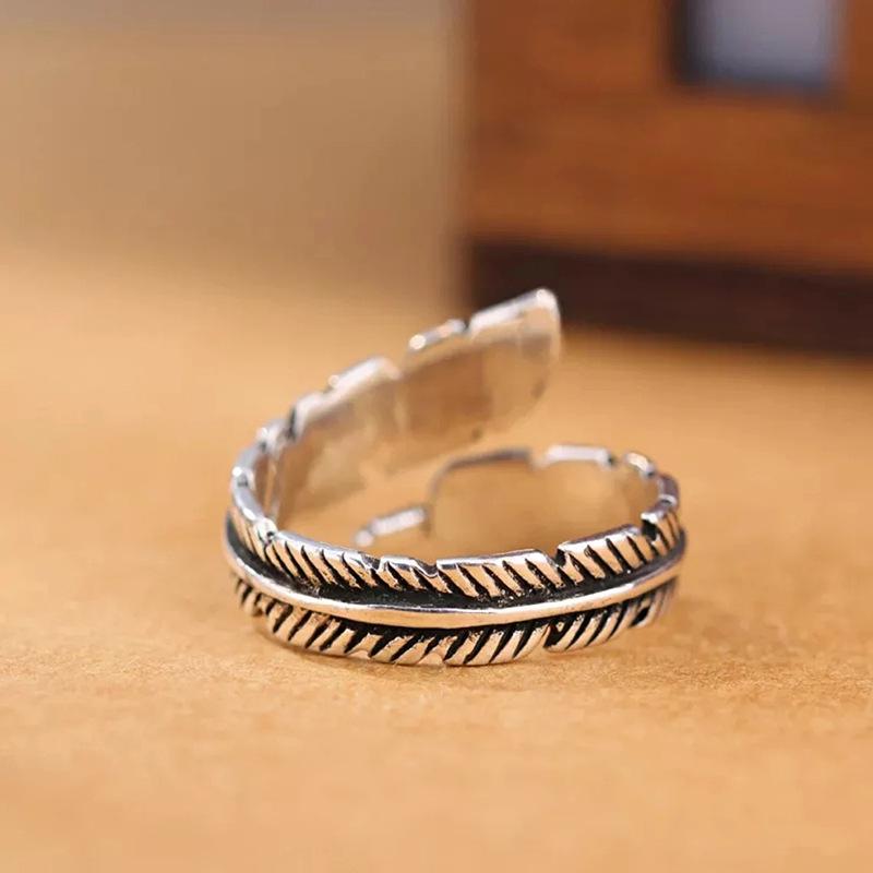 Feather Leaf Ring, Opening Adjustable Retro Old Index Finger Ring, Texture Personalized Ring Ring