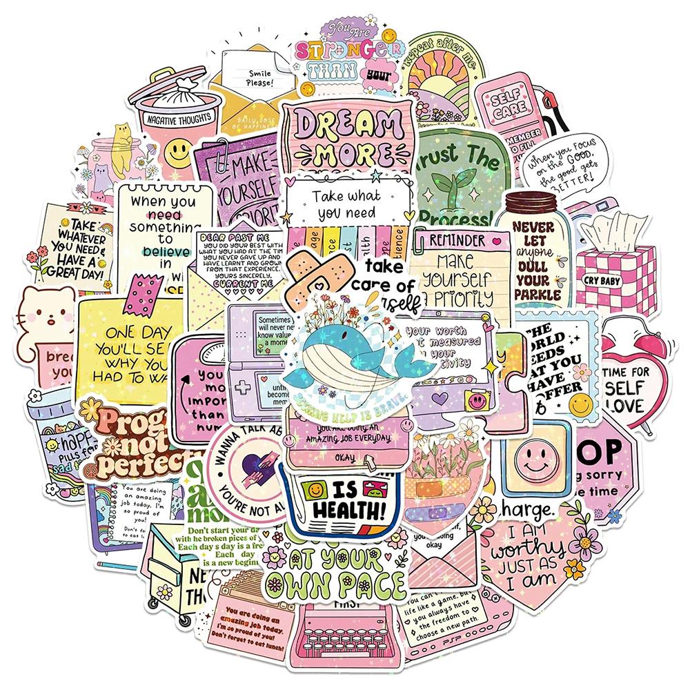 10/30/50Pcs Funny Cartoon Laser Inspirational Quotes Aesthetic Stickers Diy Luggage Phone Scrapbook Waterproof Cute Sticker Pack