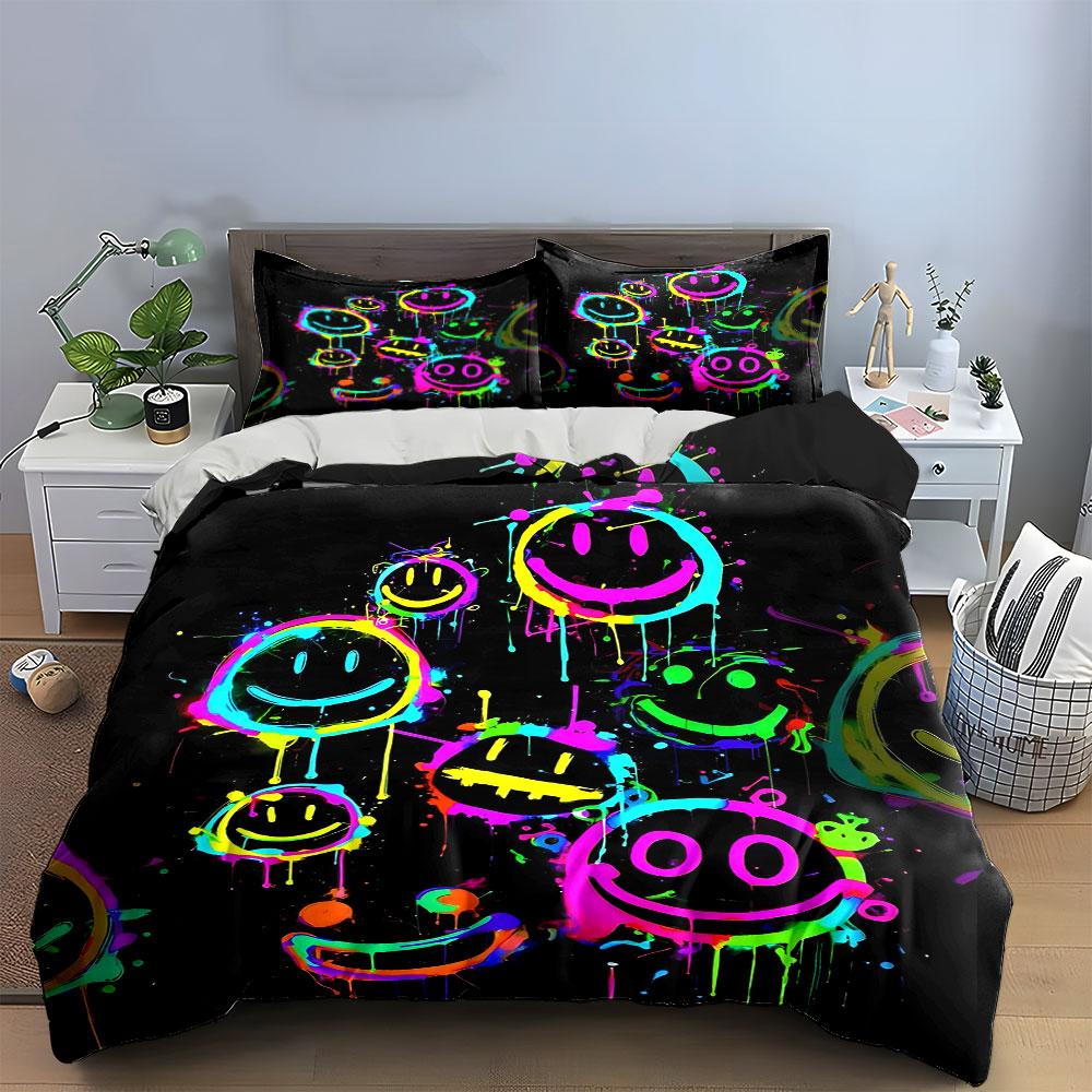 Colorful Neon Smiley Faces Pattern Bedding Duvet Cover Set  (1*Duvet Cover 2*Pillowcases, without duvet insert)