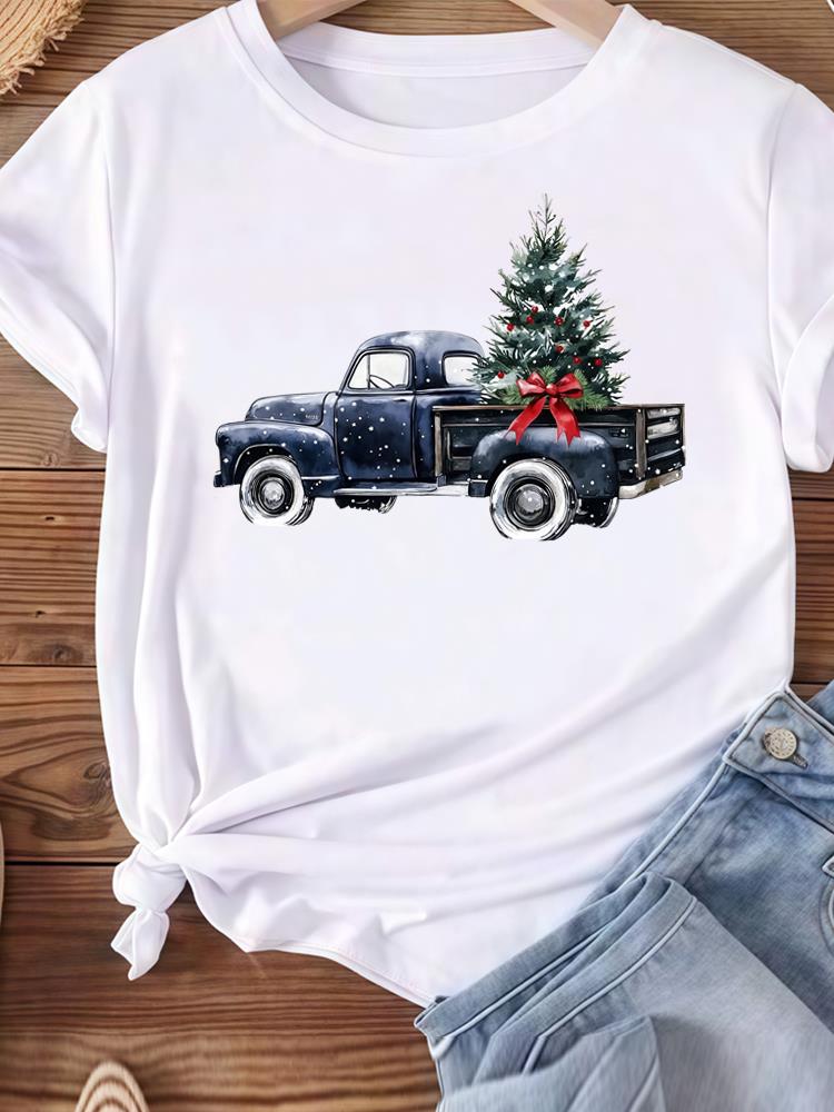 (Asian Size) tree gift happy new year Women's Top T Tee merry Christmas festival O-neck Clothing  Print Fashion ladies Graphic T-shirts