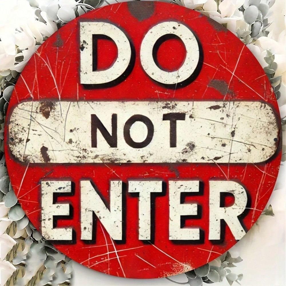 Retro No Entry Metal Sign 8x8 Inch, Vintage Tin Plaque with Pre-Drilled Holes, 2D Flat Wall Decor for Home Office Cafe