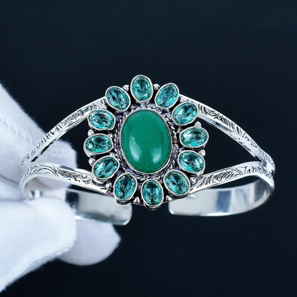 Green Onyx Gemstone Handmade Cuff Bangle 925 Sterling Silver Cuff Bangle, indicolite Flower Shape Bracelet For Wife, Unisex Bangle, Wife Gift