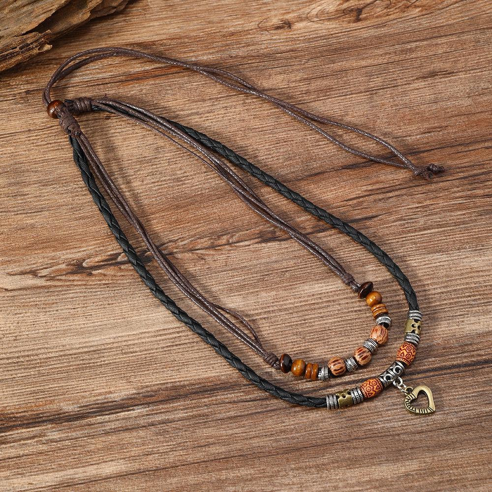 Women's Retro Heart Cross Wooden Bead Multi-layer Ethnic Necklace