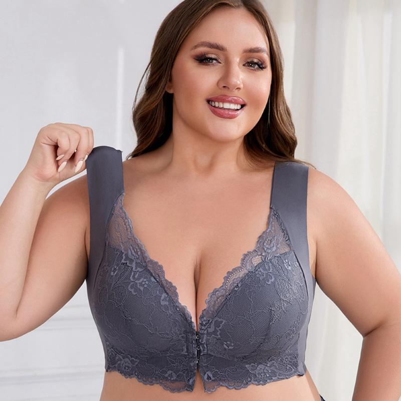 Women Plus Size Wide-strap Lace Bra Front Buckle Bra Gathering Bra