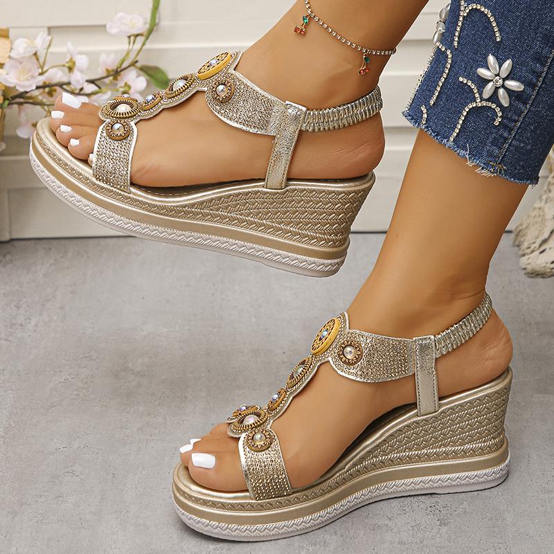 Fashion Crystal Pearl Decor Women's Wedges Sandals Bohemian Style Beaded Platform Sandals for Woman Summer 2025 Thick Bottom Beach Shoes
