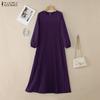 ZANZEA Women Round Neck Long Sleeve Casual Pleated Long Dress