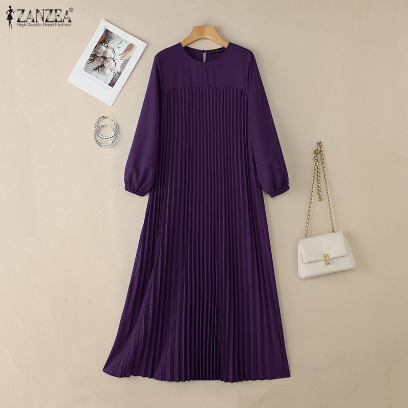 ZANZEA Women Round Neck Long Sleeve Casual Pleated Long Dress