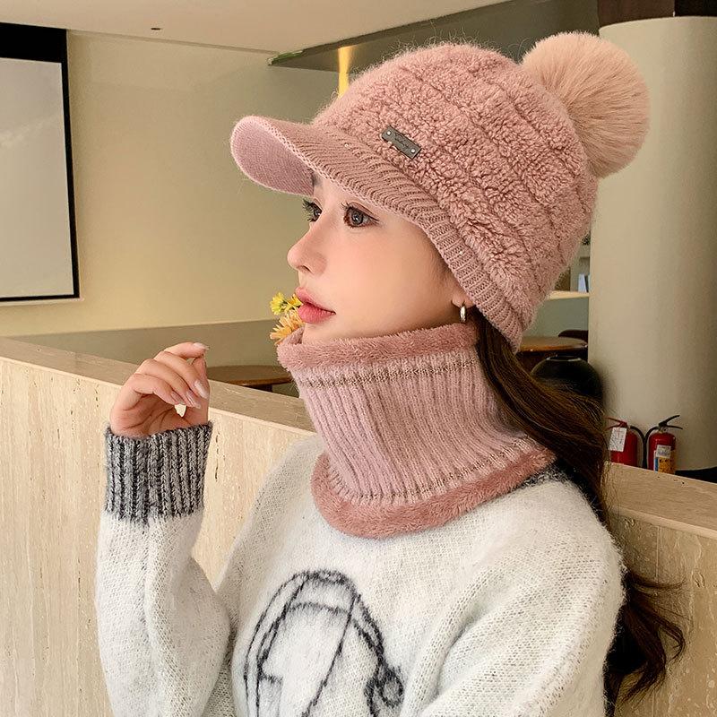 Fleece warm knitted hat women's autumn and winter plush line duck tongue baseball cap scarf cover show face cap