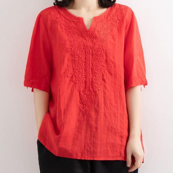 Women's Retro V-Neck Cotton Linen T-Shirt – Summer 2024 Short-Sleeve, Loose Fit, Solid Color.