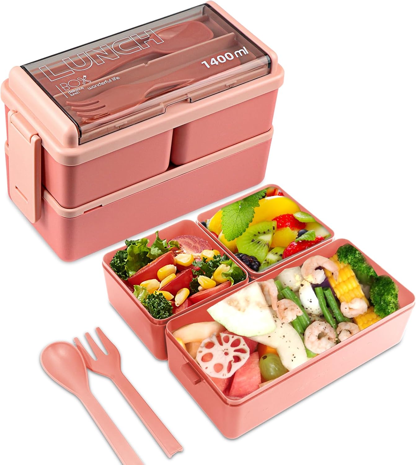 

Двухуровневый бенто-бокс для детей и взрослых, штабелируемый контейнер для еды с 3 отделениями, подходит для микроволновой печи и посудомоечной машины 1Pcs розовый