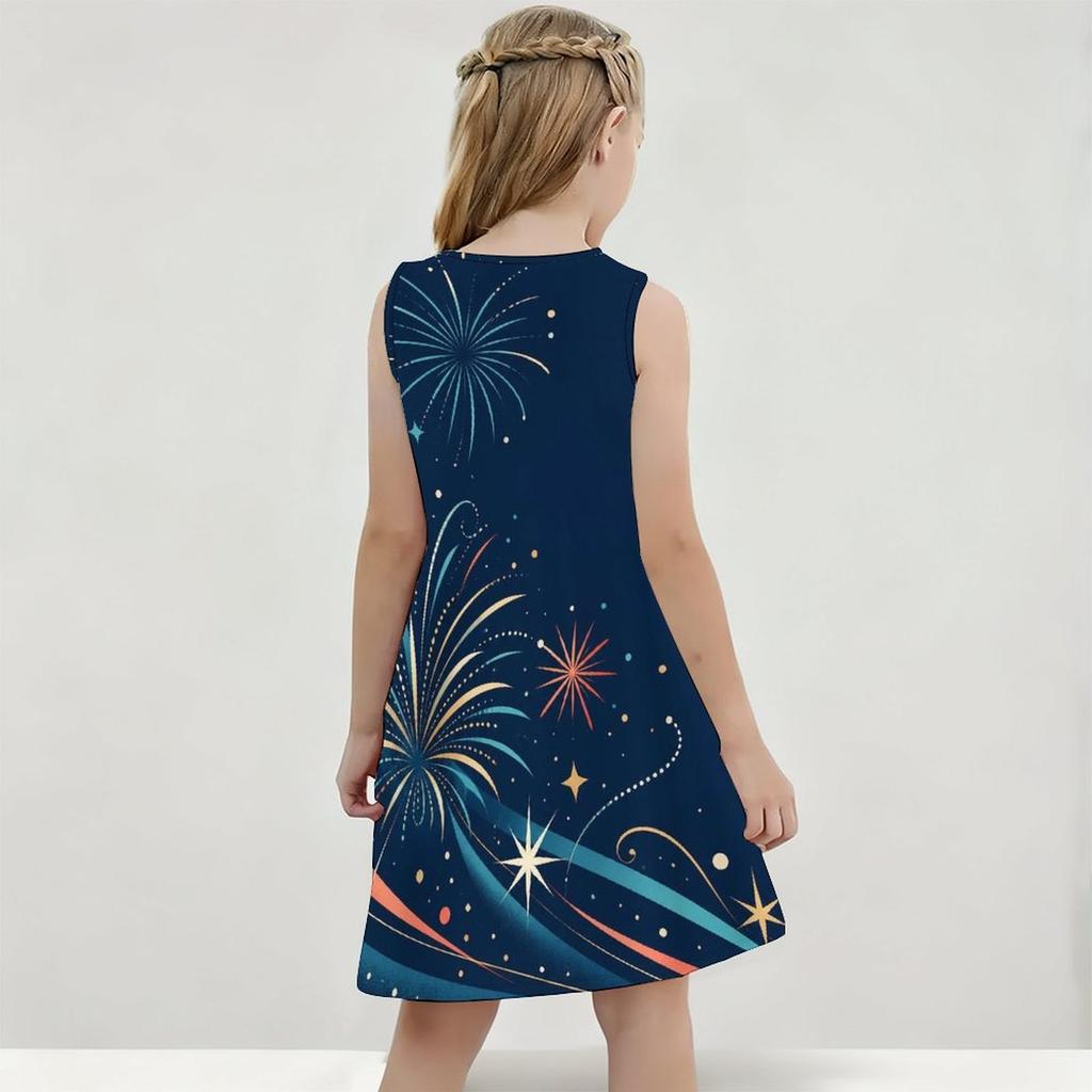 Girls Round Neck Sleeveless A Line Dark Blue Firework Printed Flared Dress