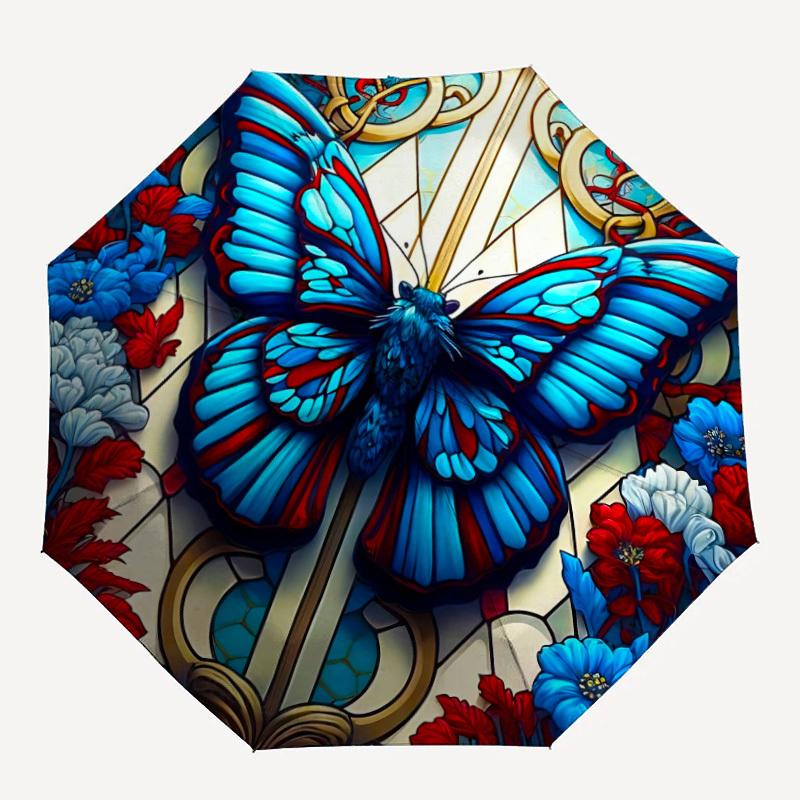 

1pc Butterfly StainedGlass Auto Open/Close Umbrella, Windproof, Folding Compact Umbrella with Lightweight Design for Women/Men216