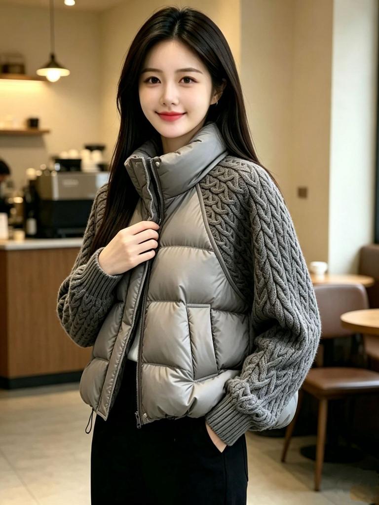 Short Stand-up Collar Cotton-padded Jacket Women's Knitted Splicing Sleeves Autumn and Winter Loose Cotton-padded Clothing Brick and Mortar Store Mult