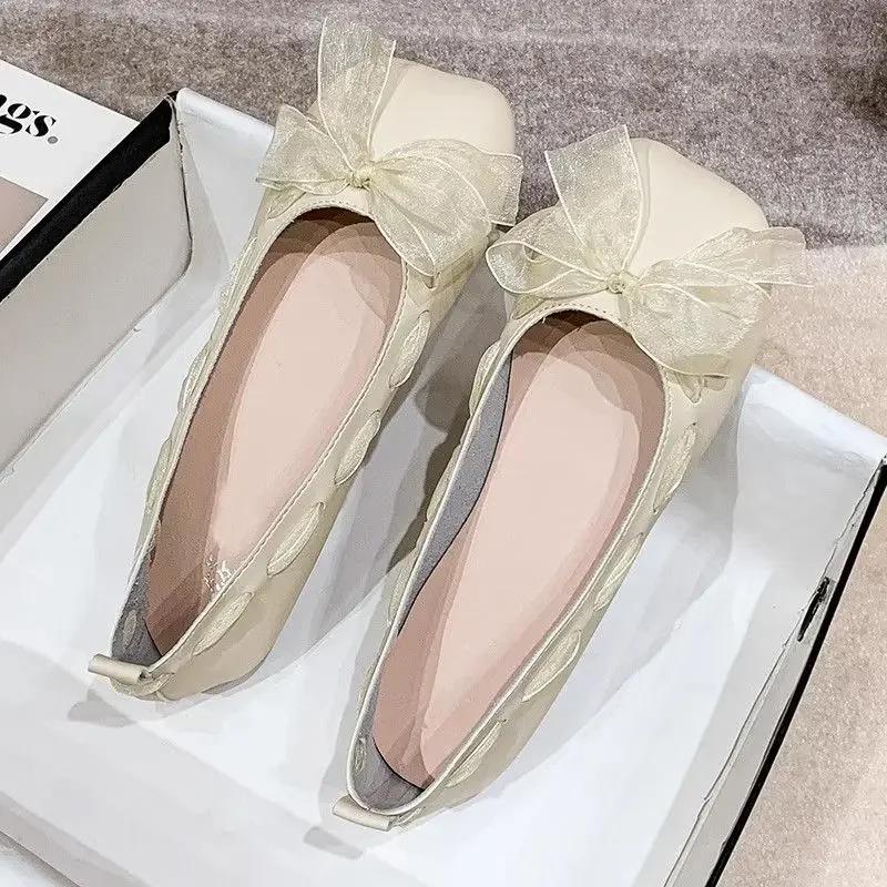 Fashion Mary Jane Women's Flat Shoes with Bow Square Toe Ladies Footwear Japanese Style Lolita Gothic Wholesale Popular on Sale Slip