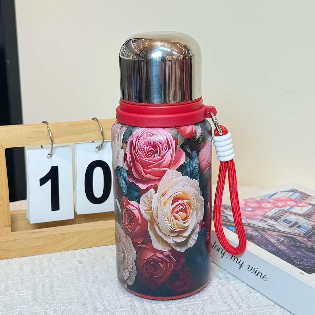 Chinese Style Rose Peony Insulated Cup with Lanyard, Large Capacity, Portable, Tea Separation Feature, Exquisite Stew Pot Design