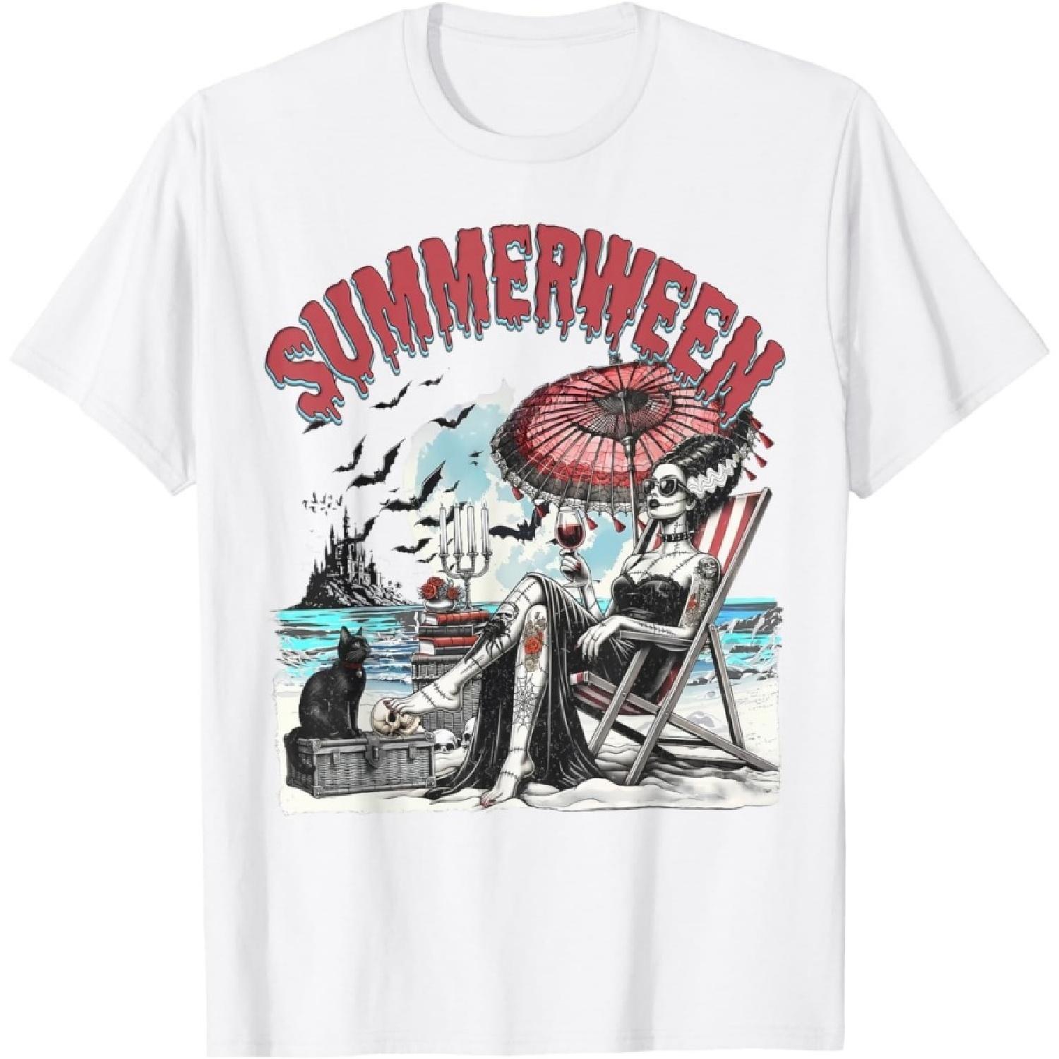 OPWHZVLR Horror Character Summerween Halloween Vintage Beach T-Shirt XXXXXL белый