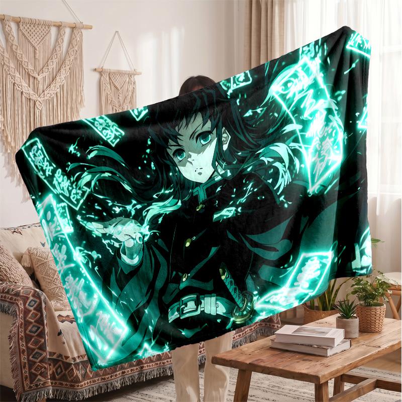 Tomioka Giyu Printed Flannel Blanket, Skin Friendly Warm Throw for Indoor Couch Bed Daily Use